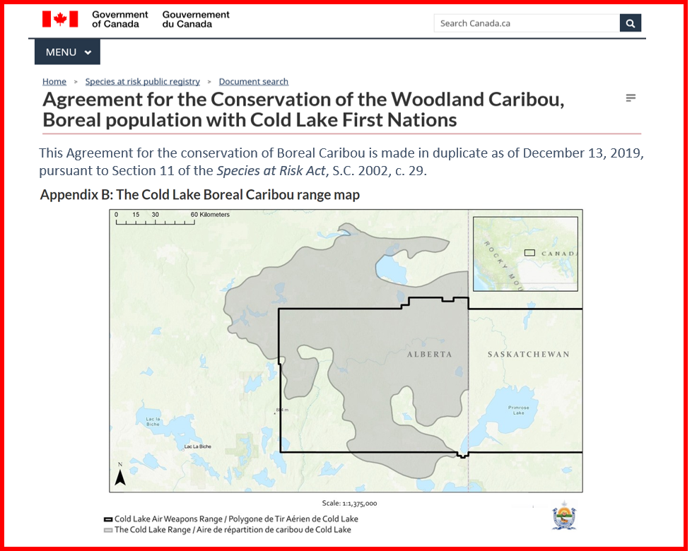 Screenshot of species at risk registry website, edited to show the title of the conservation agreement, and associated map in Appendix B