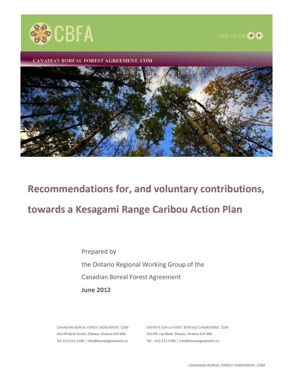 Cover page of the Recommendations for, and voluntary contributions, towards a Kesagami Range Caribou Action Plan