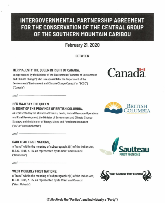 Cover of the Intergovernmental partnership agreement for the conservation of the central group of the Southern Mountain Caribou