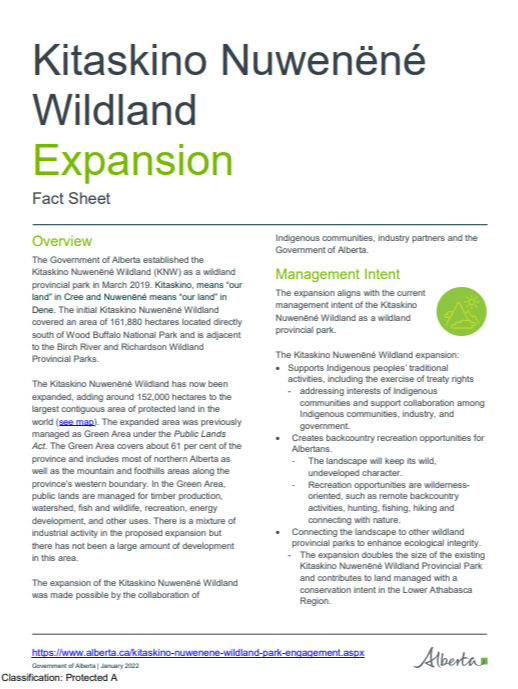 Cover of Kitaskino Nuwenëné Wildland Expansion Fact Sheet