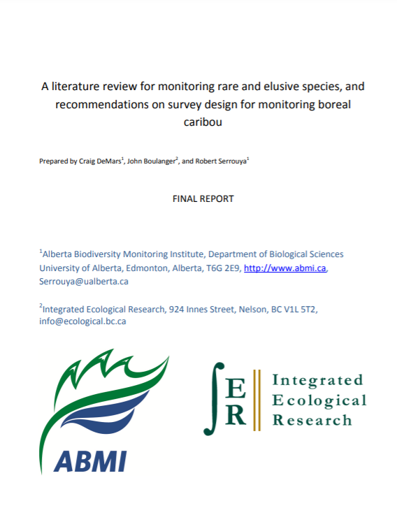 Cover of A literature review for monitoring rare and elusive species, and recommendations on survey design for monitoring boreal caribou