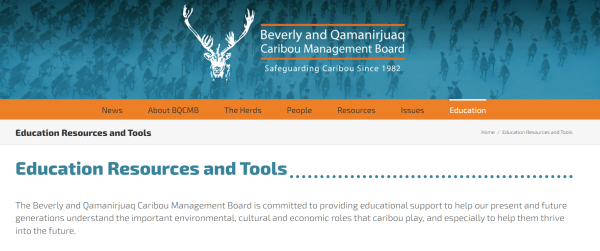 Website with logo for Beverly and Qamanirjuaq Caribou Management Board (a stylized male caribou head, looking straight on) and text describing resources Board