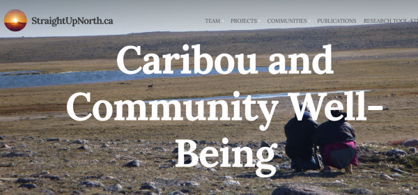 Image of tundra with two people crouched down, facing away from the camera towards a herd of caribou in the distance