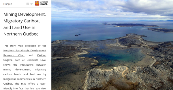 Aerial photo of tundra and water landscape, with column of text to the left