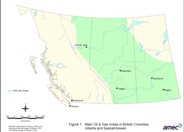 Oil and gas areas in western Canada