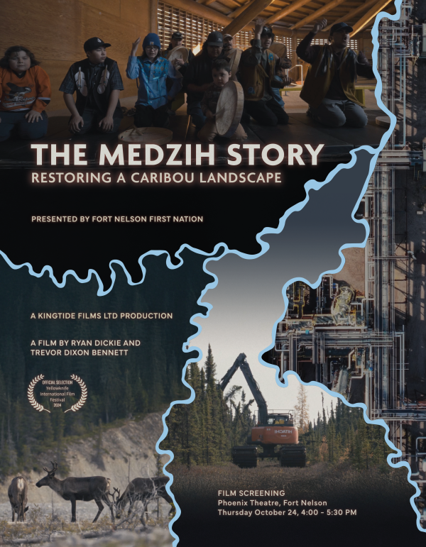 A film poster showing Indigenous drummers, habitat restoration activities and caribou on a landscape.