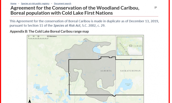 Screenshot of species at risk registry website, edited to show the title of the conservation agreement, and associated map in Appendix B