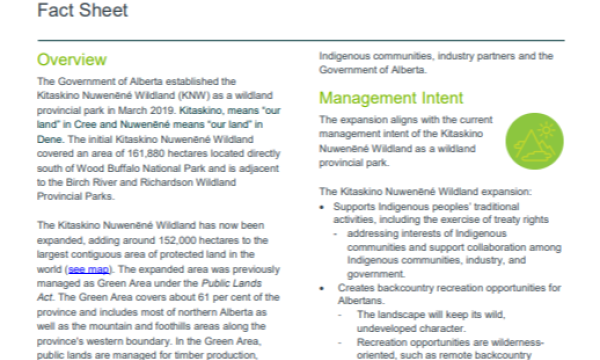 Cover of Kitaskino Nuwenëné Wildland Expansion Fact Sheet