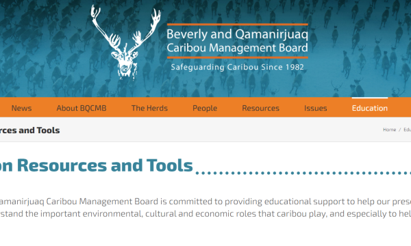 Website with logo for Beverly and Qamanirjuaq Caribou Management Board (a stylized male caribou head, looking straight on) and text describing resources Board
