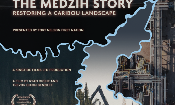 A film poster showing Indigenous drummers, habitat restoration activities and caribou on a landscape.