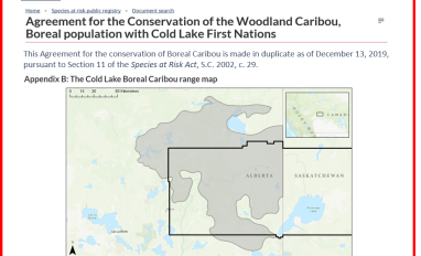 Screenshot of species at risk registry website, edited to show the title of the conservation agreement, and associated map in Appendix B