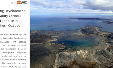 Aerial photo of tundra and water landscape, with column of text to the left