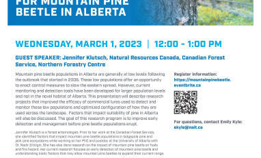 A poster advertising a free webinar with the event title "Investigating Early Detection and Management Tools for Mountain Pine Beetle in Alberta' with a picture of a tree's response to mountain pine beetle. Has the date of the event Wednesday, March 1, 2023, 12-1pm. Guest Speaker: Jennifer Klutsch, Natural Resources Canada, Canadian Forest Service, Northern Forestry Centre. With description of presentation and speaker. Has a thank you to our sponsors of "Partners in Boreal Education": 