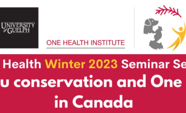 Red background with white text that reads "One Health Winter 2023 Seminar Series - Caribou conservation and One Health in Canada." The lofos for the University of Guelph and the One Health Institute are also show at the top of the image. 