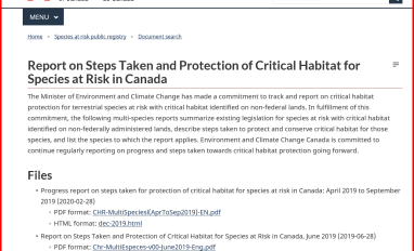 Screenshot of Progress Report on Steps Taken for Protection of Critical Habitat for Species at Risk in Canada (April 2019 – September 2019) website 