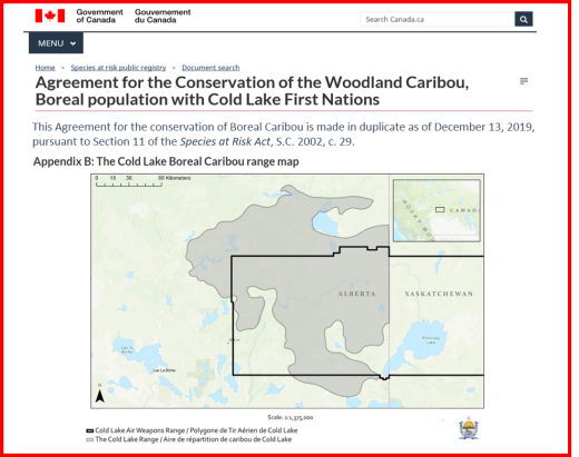 Screenshot of species at risk registry website, edited to show the title of the conservation agreement, and associated map in Appendix B