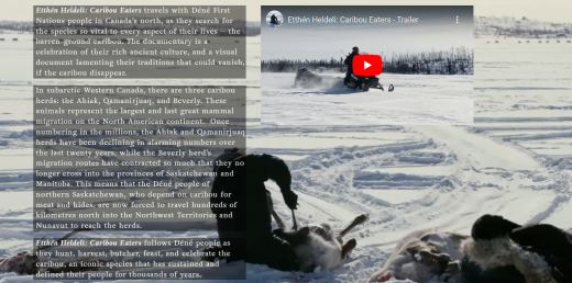 Text boxes describing the documentary are overlaid on a large background image of a hunter in a snowy landscape processing a caribou, and a box showing a hunter on snowmobile with an arrow indicating "play video"