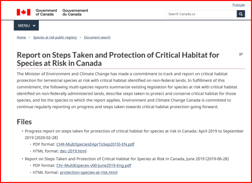Screenshot of Progress Report on Steps Taken for Protection of Critical Habitat for Species at Risk in Canada (April 2019 – September 2019) website 